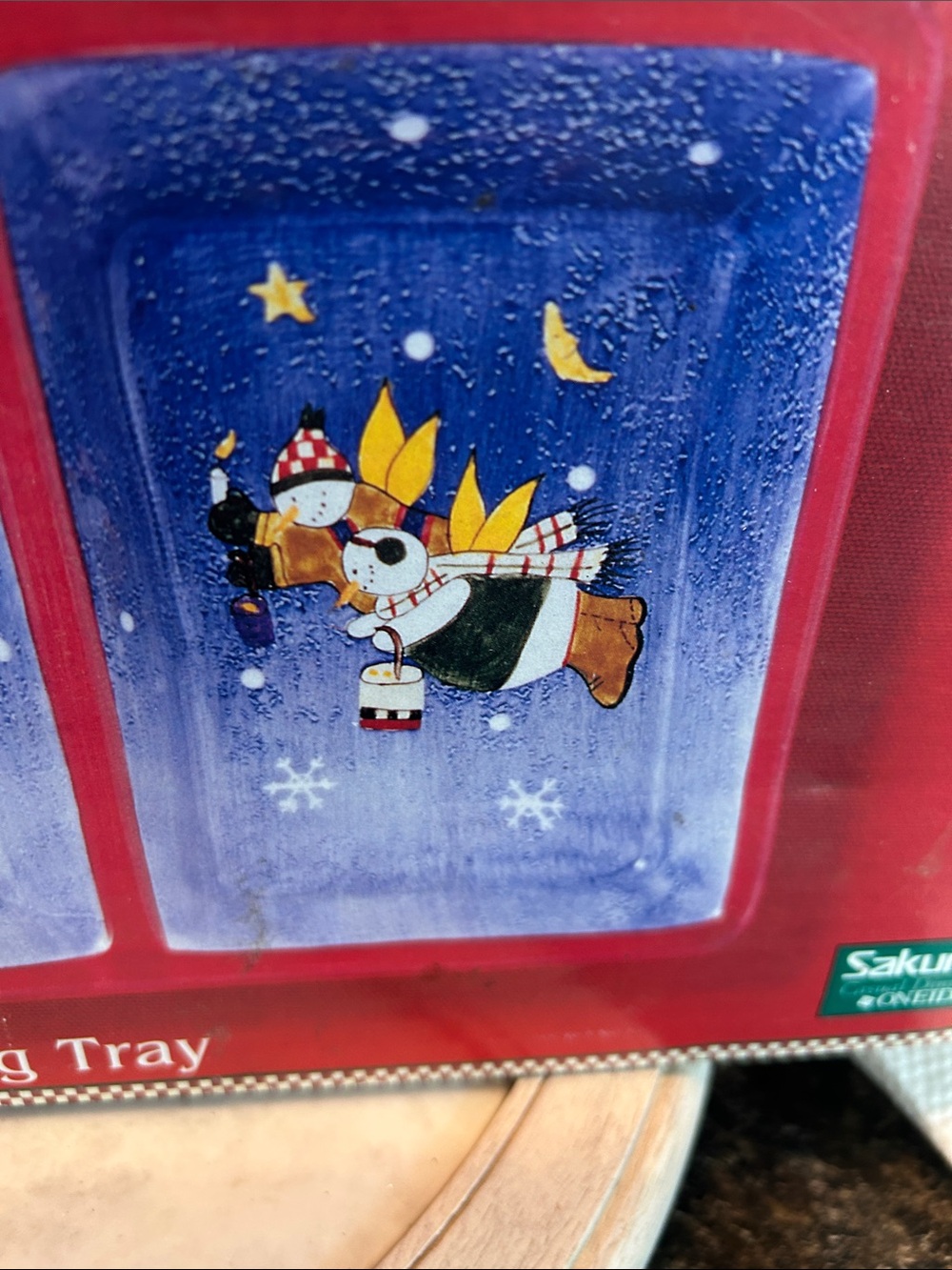 Hand-Painted Holiday 4-Section Serving Tray - Blue Panels with Snow Angel - Picture 5 of 8